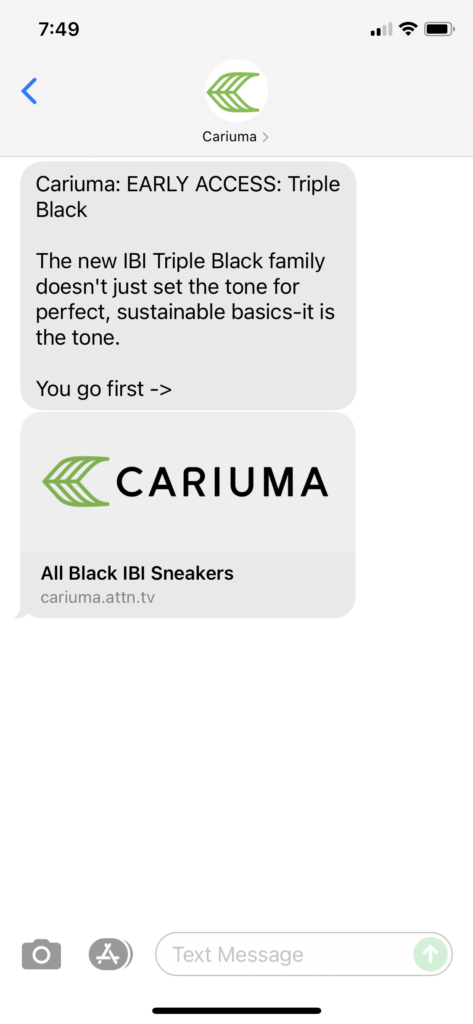 Cariuma Text Message Marketing Example - 08.15.2021