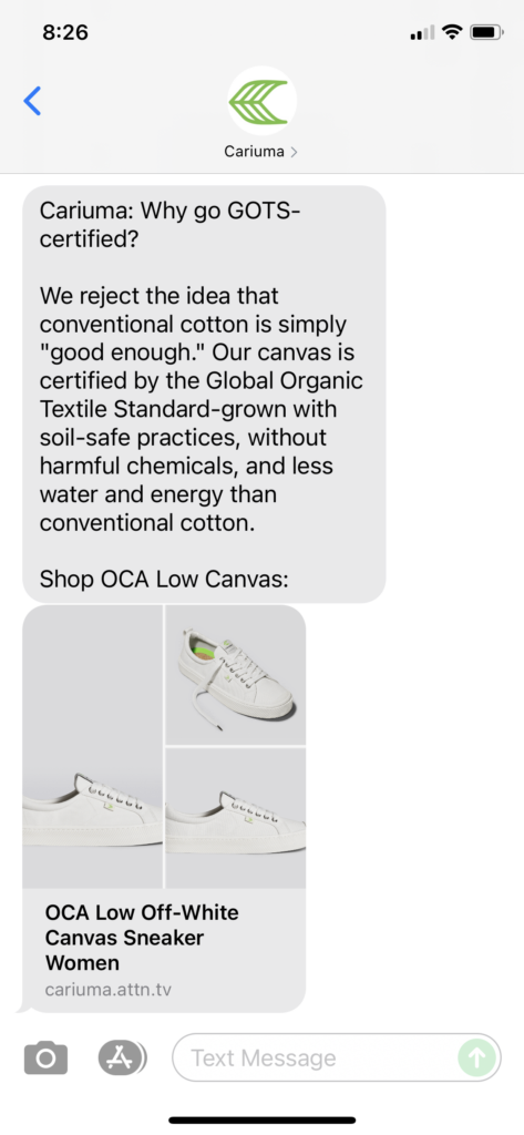 Cariuma Text Message Marketing Example - 08.17.2021