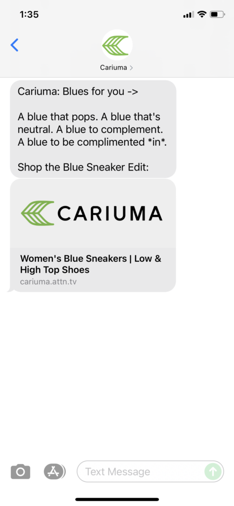 Cariuma Text Message Marketing Example - 08.23.2021
