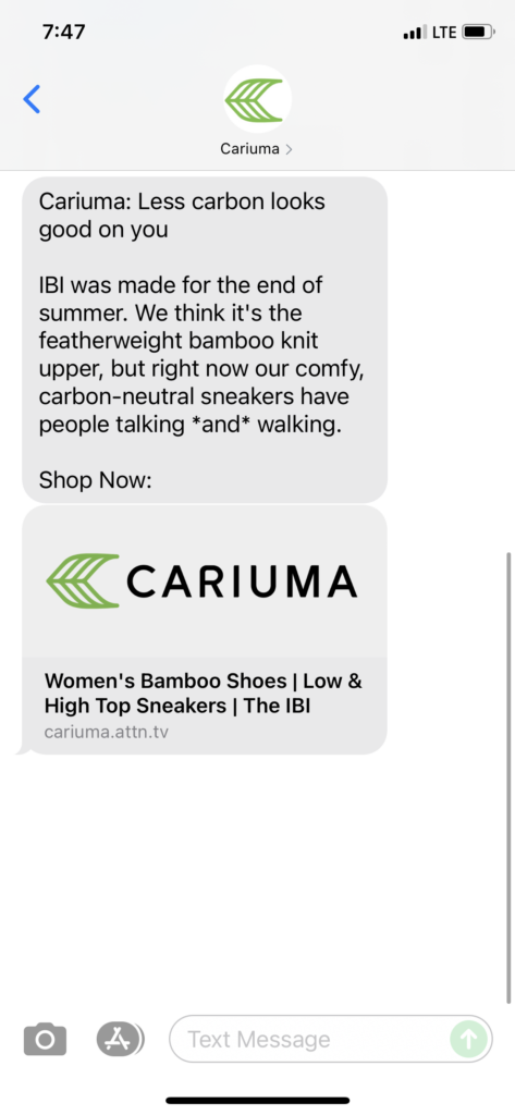 Cariuma Text Message Marketing Example - 08.26.2021