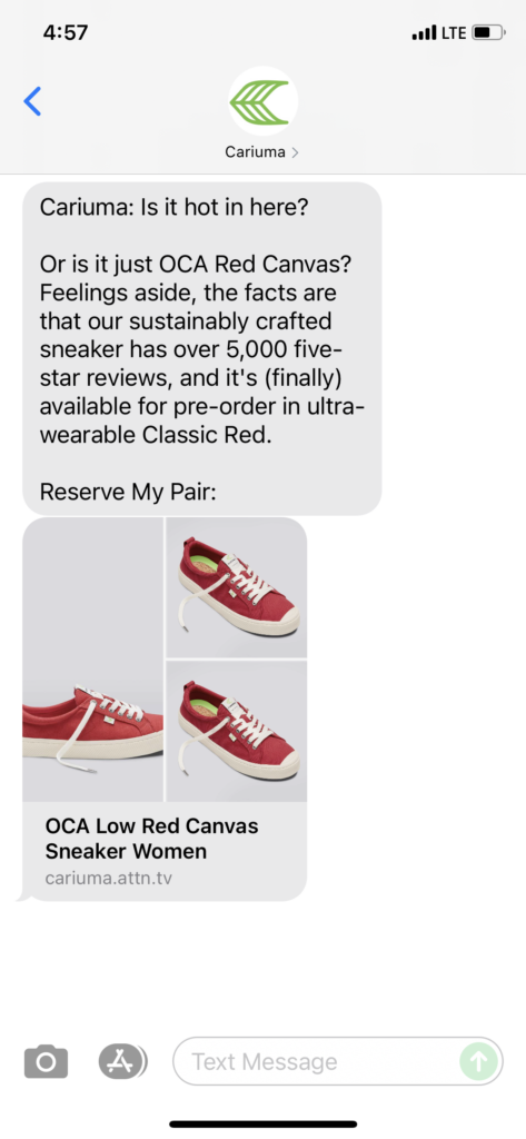Cariuma Text Message Marketing Example - 08.28.2021