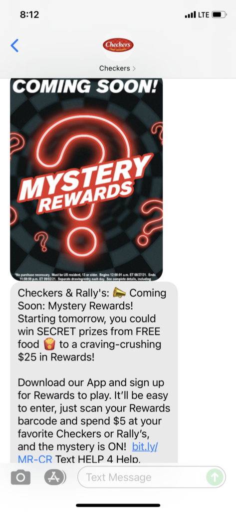 Checkers Text Message Marketing Example - 08.25.2021