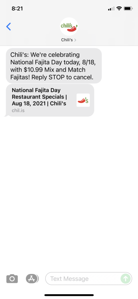 Chili's Text Message Marketing Example - 08.18.2021