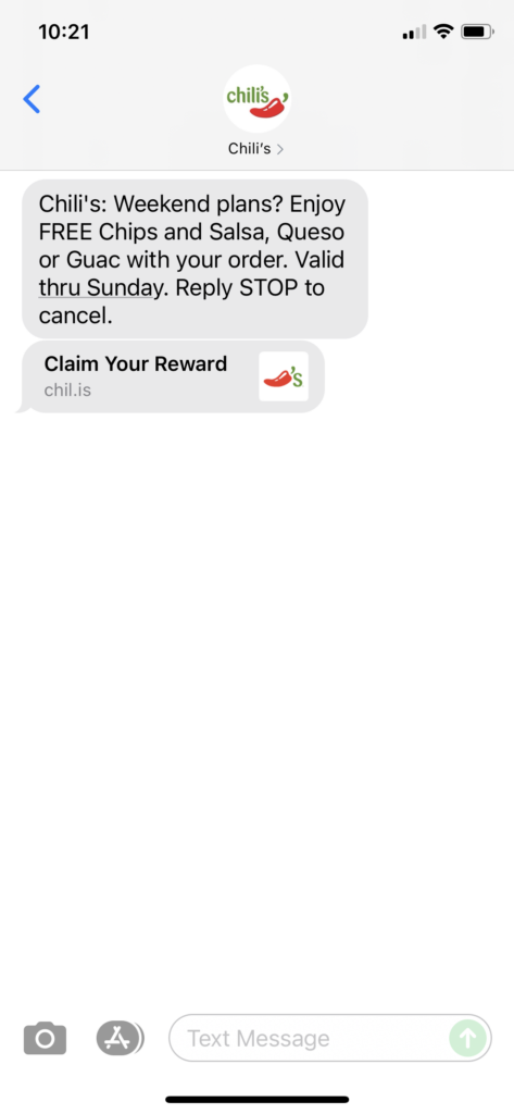Chili's Text Message Marketing Example - 08.20.2021