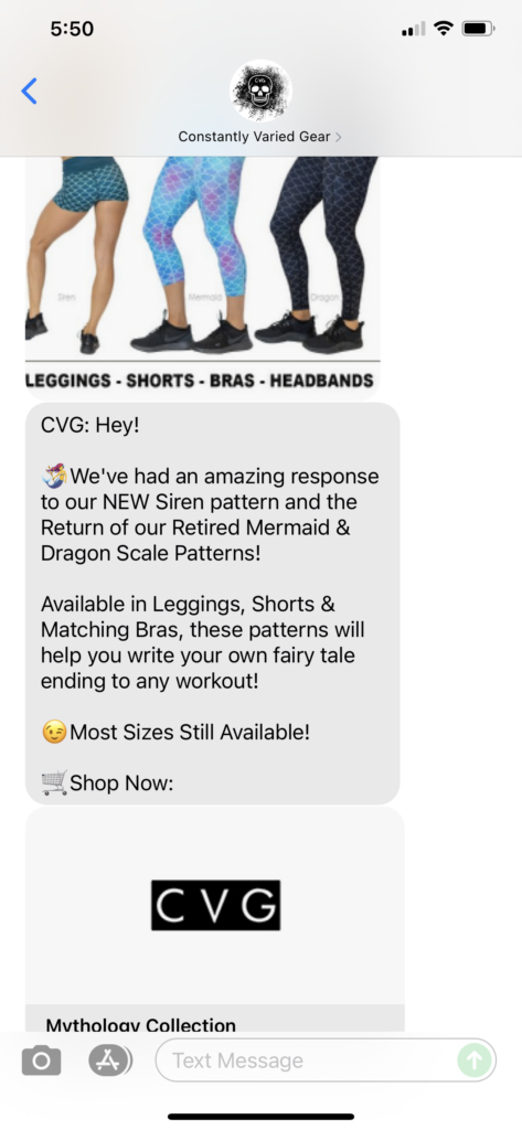 Constantly Varied Gear Text Message Marketing Example - 08.27.2021