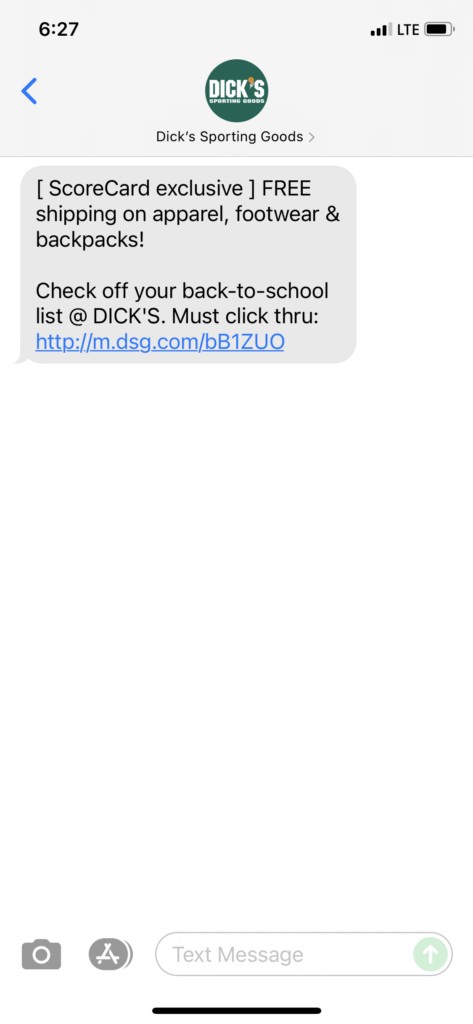 Dick's Sporting Goods Text Message Marketing Example - 08.11.2021