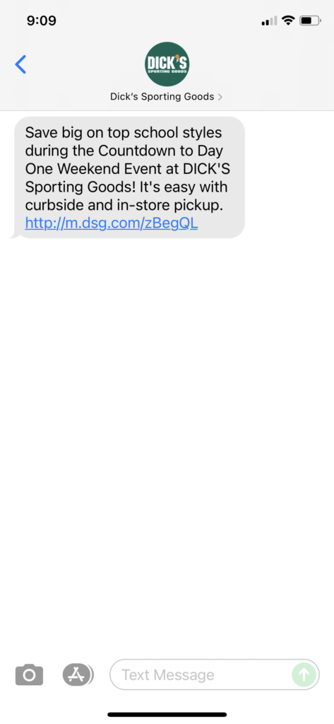 Dick's Sporting Goods Text Message Marketing Example - 08.27.2021