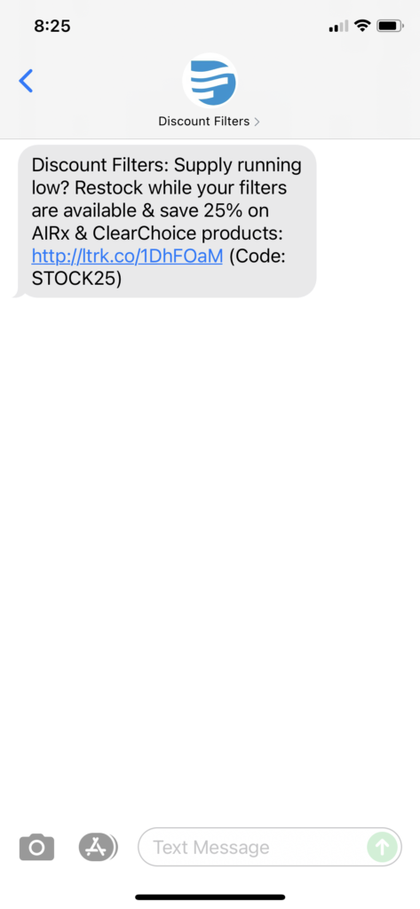Discount Filters Text Message Marketing Example - 08.17.2021