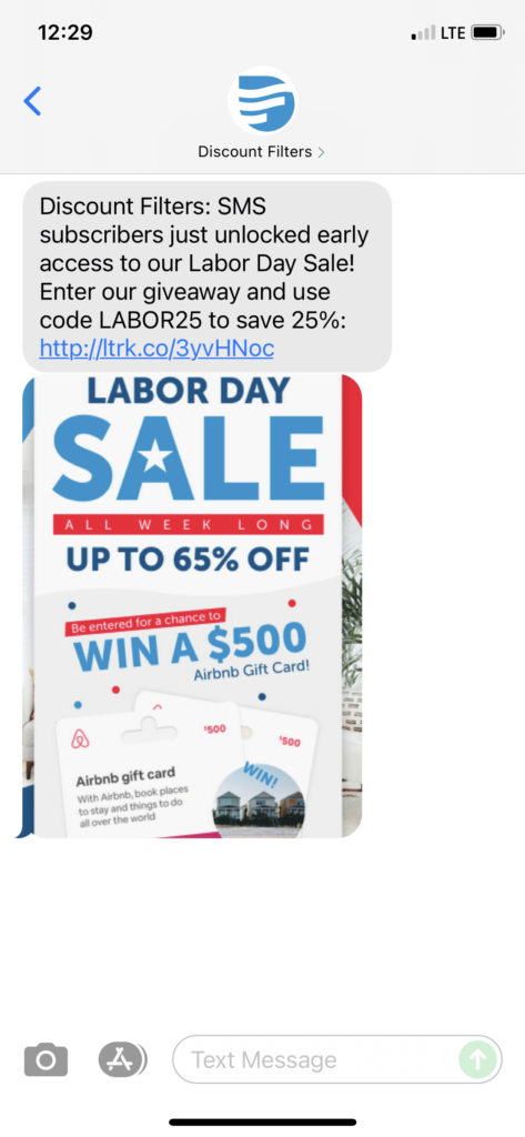 Discount Filters Text Message Marketing Example - 08.29.2021