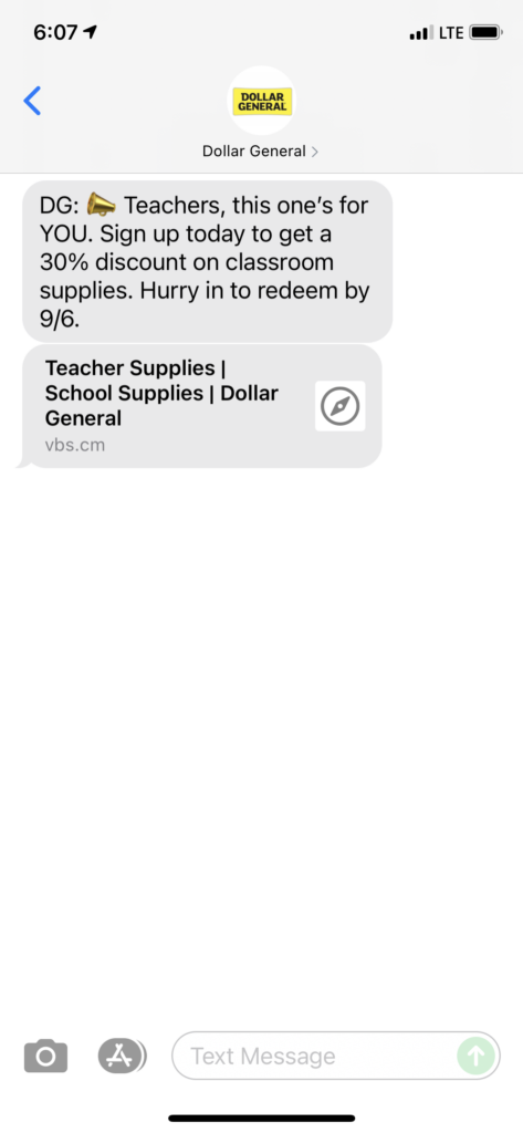Dollar General Text Message Marketing Example - 08.19.2021
