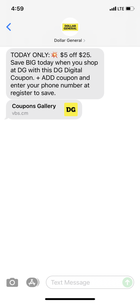 Dollar General Text Message Marketing Example - 08.28.2021