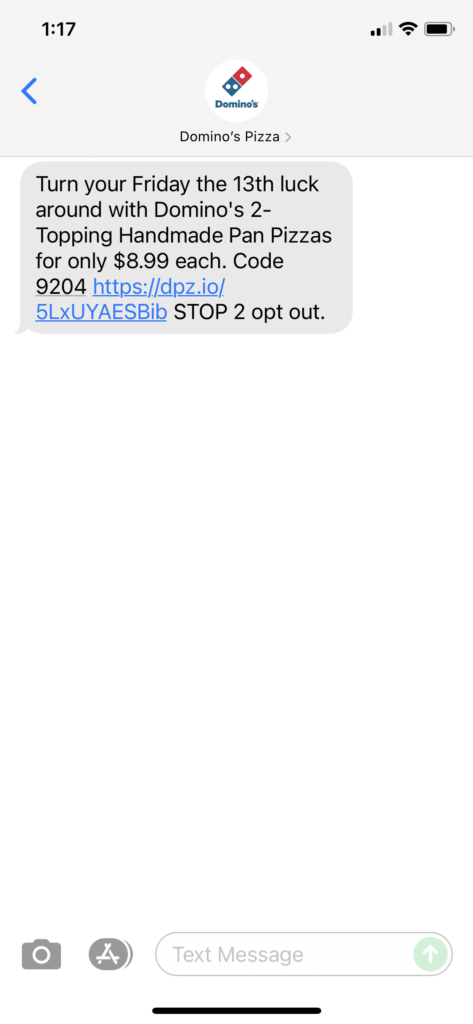 Domino's Text Message Marketing Example - 08.13.2021
