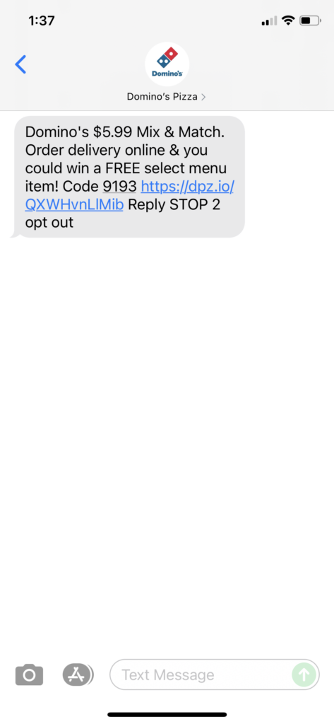 Domino's Text Message Marketing Example - 08.23.2021