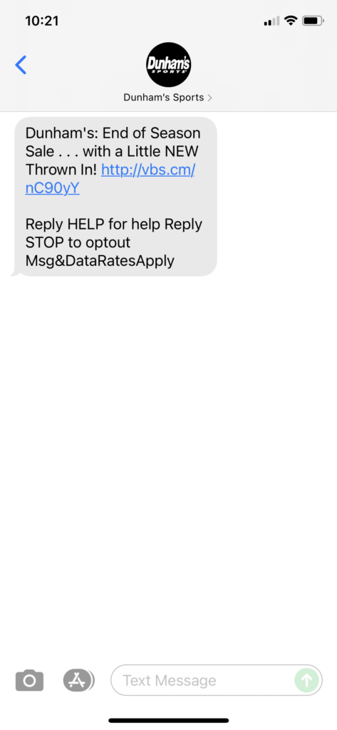 Dunham's Text Message Marketing Example - 08.21.2021