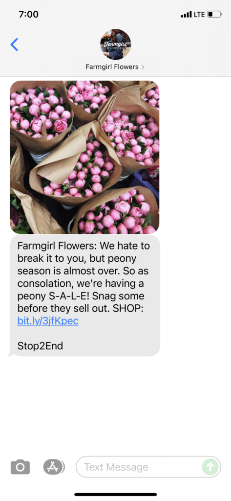 Farmgirl Flowers Text Message Marketing Example - 08.04.2021