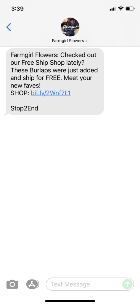 Farmgirl Flowers Text Message Marketing Example - 08.24.2021