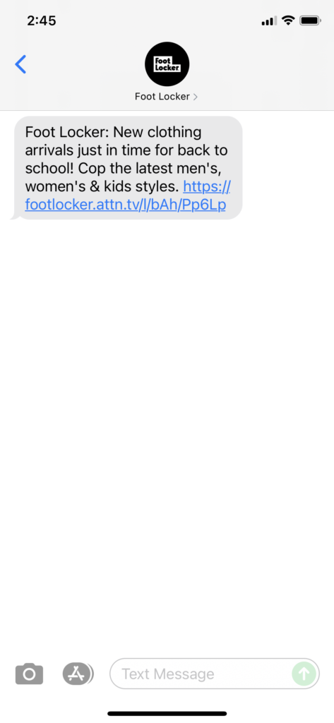 Foot Locker Text Message Marketing Example - 08.06.2021