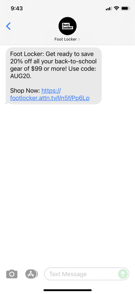 Foot Locker Text Message Marketing Example - 08.23.2021