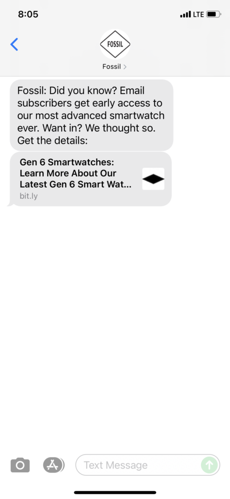 Fossil Text Message Marketing Example - 08.27.2021