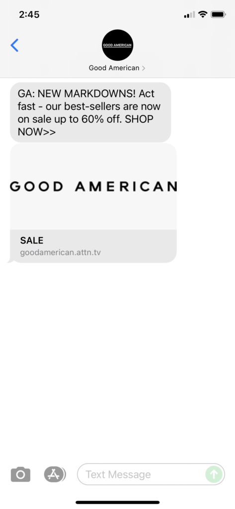 Good American Text Message Marketing Example - 08.06.2021