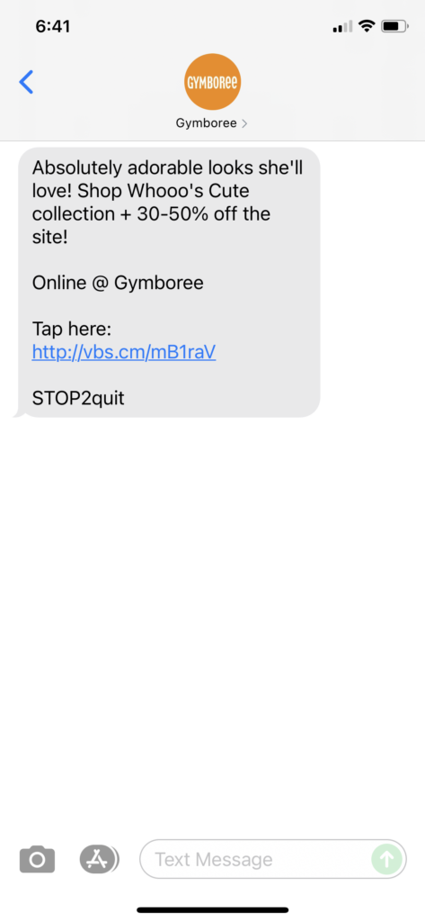 Gymboree Text Message Marketing Example - 07.31.2021