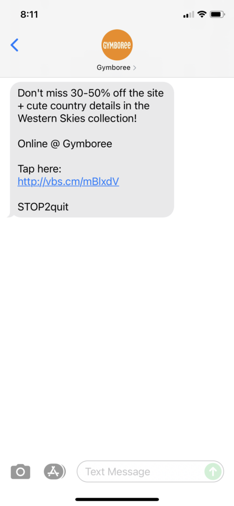 Gymboree Text Message Marketing Example - 08.14.2021