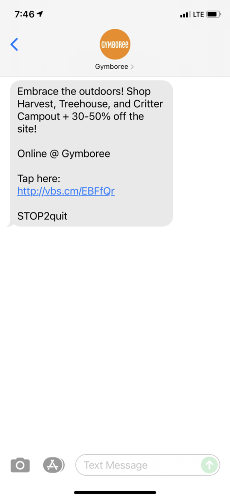 Gymboree Text Message Marketing Example - 08.26.2021