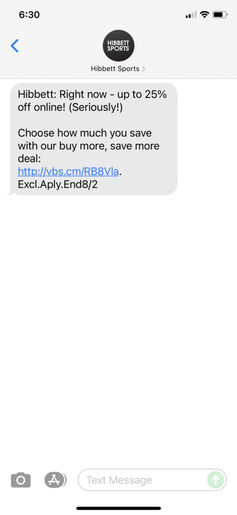Hibbett Text Message Marketing Example - 08.01.2021
