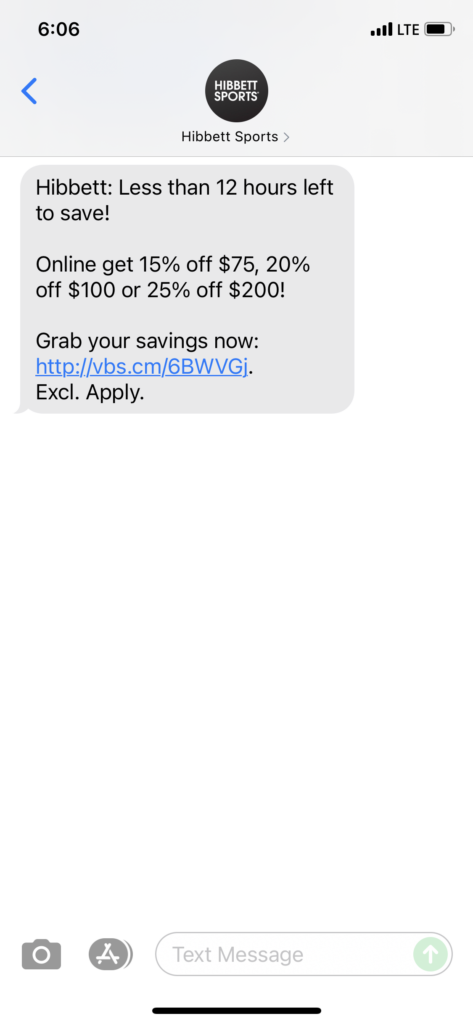 Hibbett Text Message Marketing Example - 08.02.2021