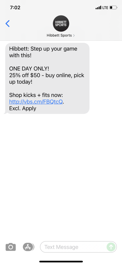 Hibbett Text Message Marketing Example - 08.04.2021