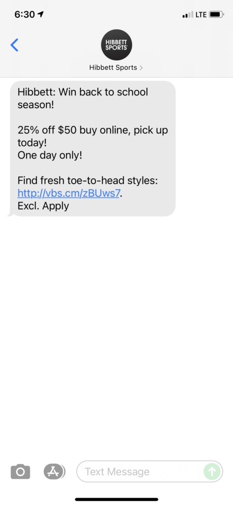 Hibbett Text Message Marketing Example - 08.11.2021
