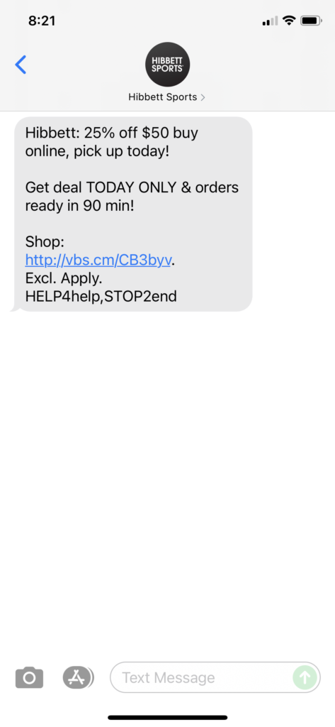 Hibbett Text Message Marketing Example - 08.18.2021