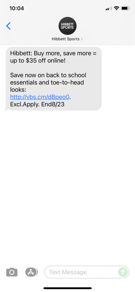 Hibbett Text Message Marketing Example - 08.22.2021