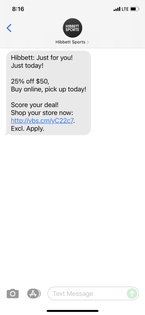 Hibbett Text Message Marketing Example - 08.25.2021