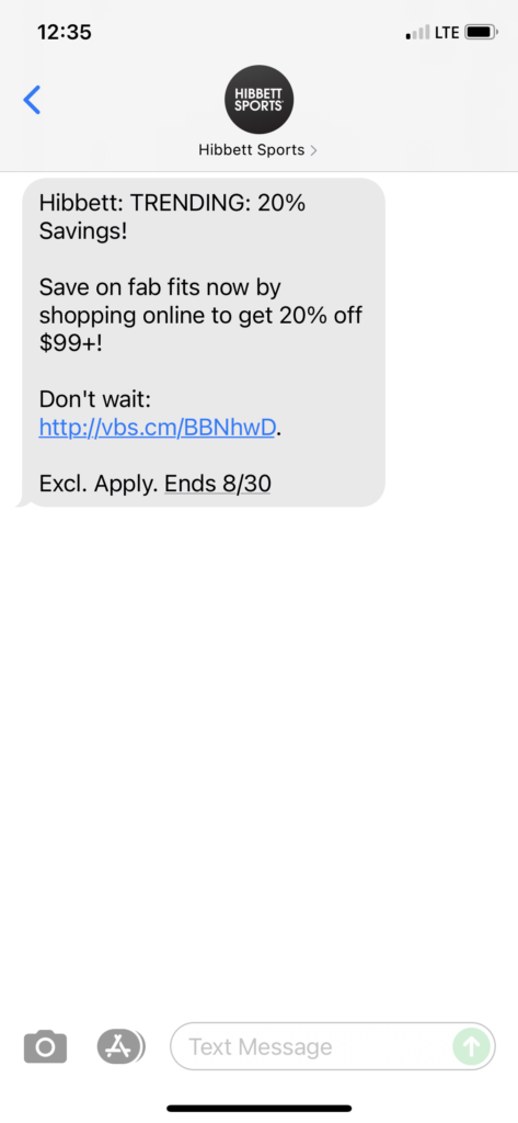 Hibbett Text Message Marketing Example - 08.29.2021