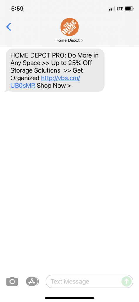 Home Depot Text Message Marketing Example - 08.02.2021