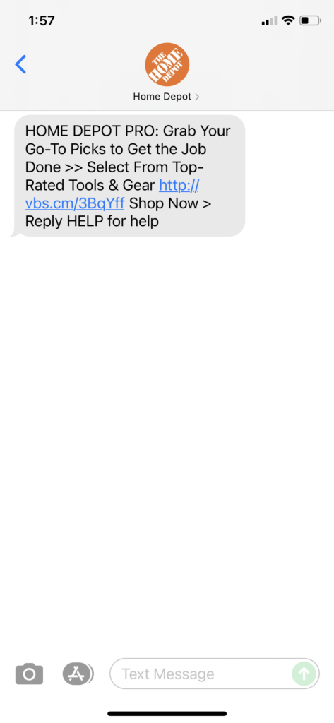 Home Depot Text Message Marketing Example - 08.09.2021