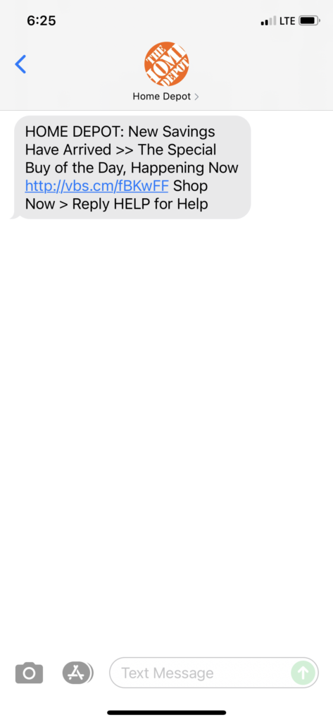 Home Depot Text Message Marketing Example - 08.11.2021