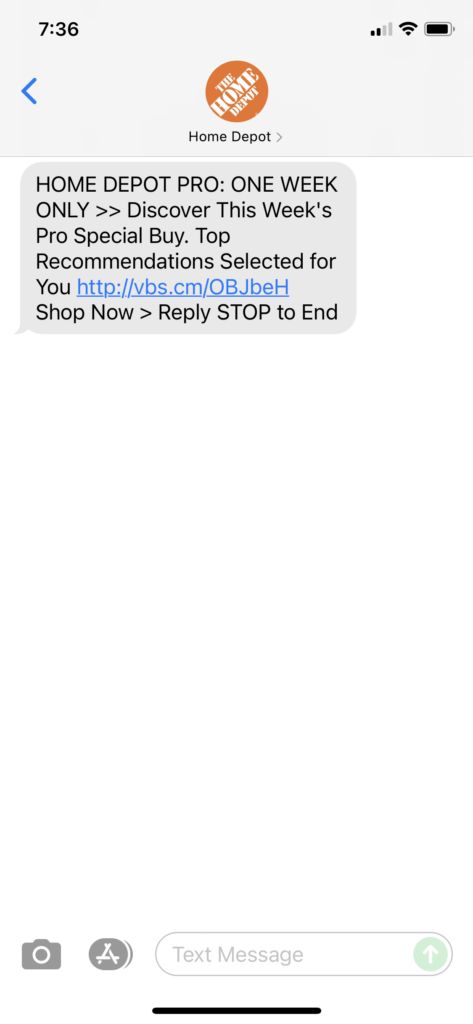 Home Depot Text Message Marketing Example - 08.16.2021