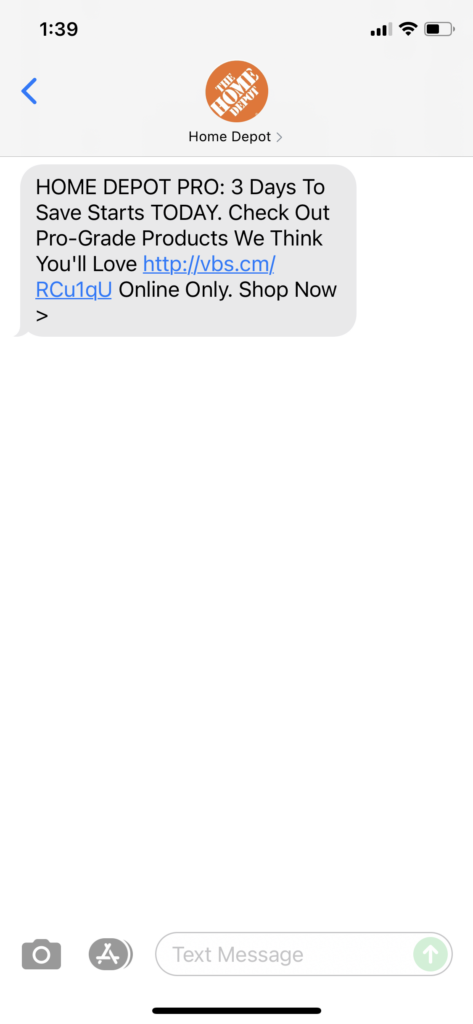 Home Depot Text Message Marketing Example - 08.23.2021