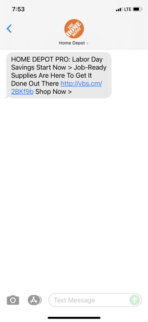 Home Depot Text Message Marketing Example - 08.26.2021
