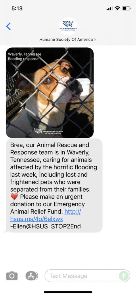 Humane Society of America Text Message Marketing Example - 08.27.2021