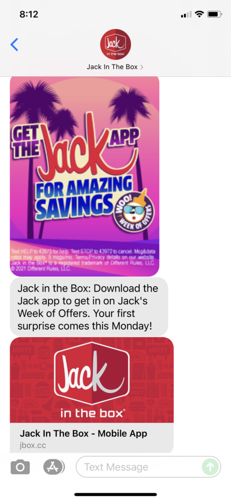 Jack in the Box Text Message Marketing Example - 08.14.2021