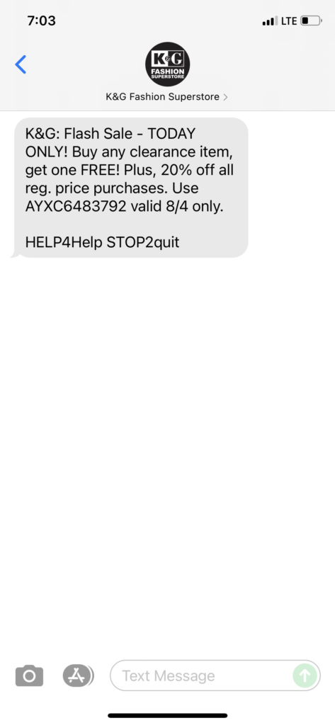 K&G Fashion Superstores Text Message Marketing Example - 08.04.2021