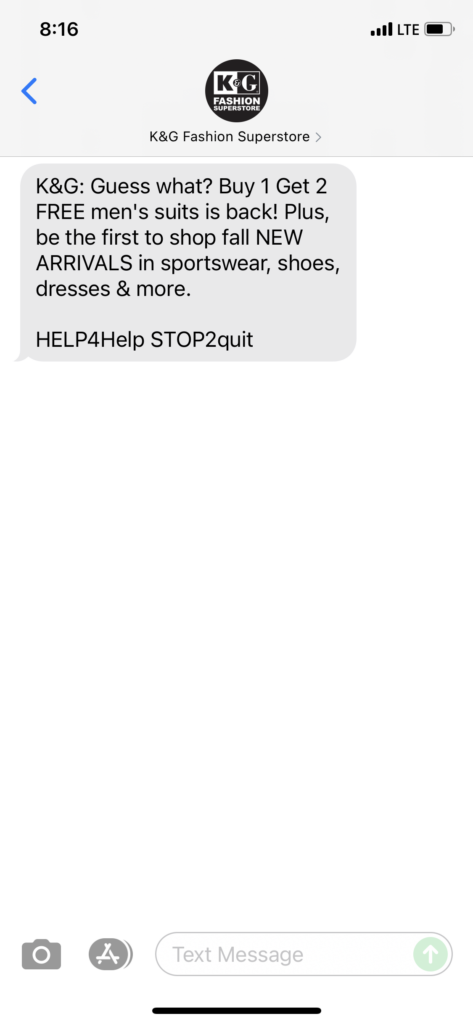 K&G Fashion Superstores Text Message Marketing Example - 08.25.2021