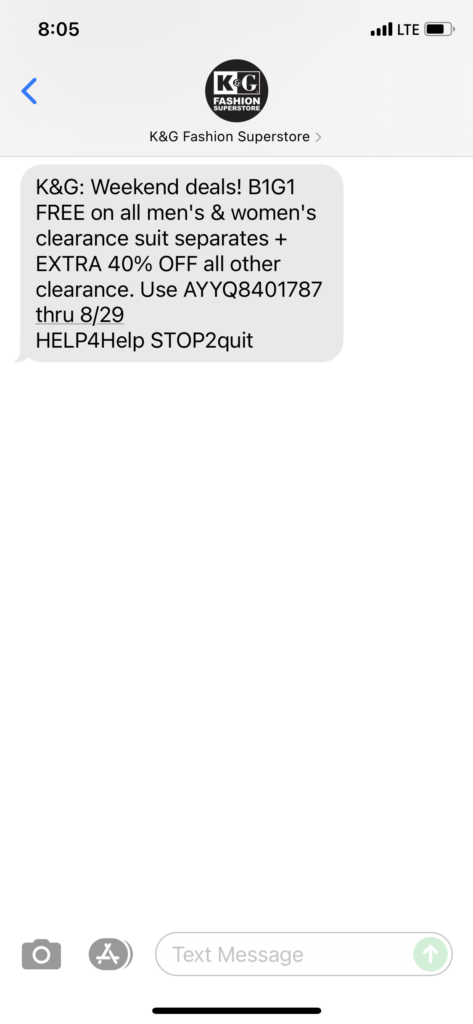K&G Fashion Superstores Text Message Marketing Example - 08.27.2021