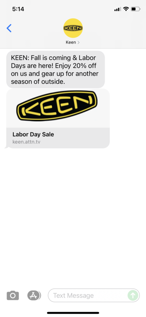Keen Text Message Marketing Example - 08.27.2021