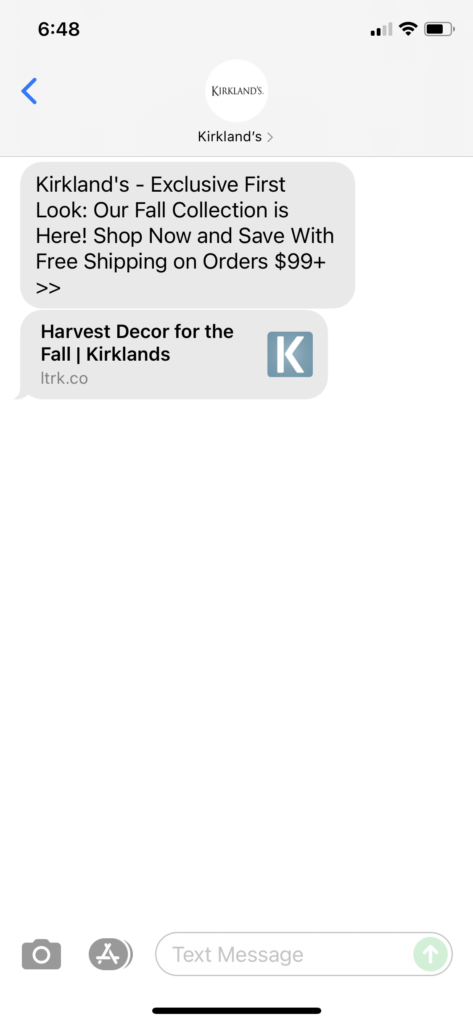 Kirkland's Text Message Marketing Example - 07.31.2021
