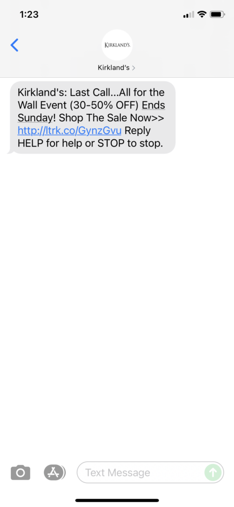 Kirkland's Text Message Marketing Example - 08.13.2021
