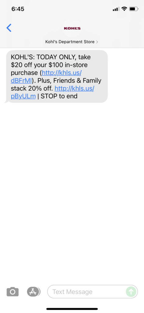 Kohl's Text Message Marketing Example - 07.31.2021